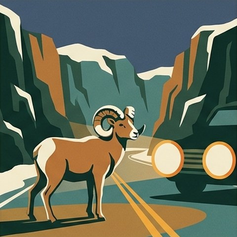 Illustration of a bighorn sheep standing on the canyon highway centerline