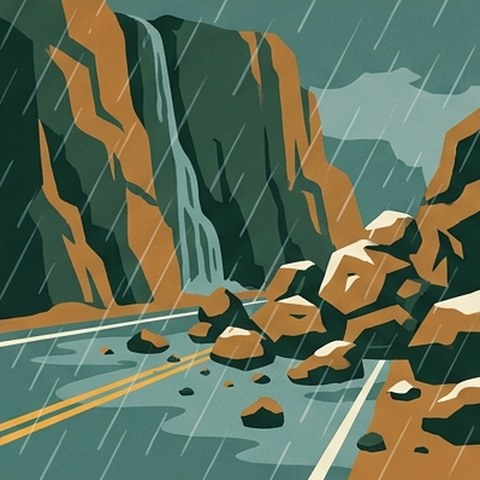 Illustration of rockfall debris on the wet canyon highway shoulder