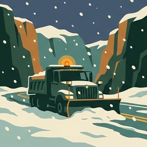 Illustration of a snowplow clearing the canyon highway in falling snow