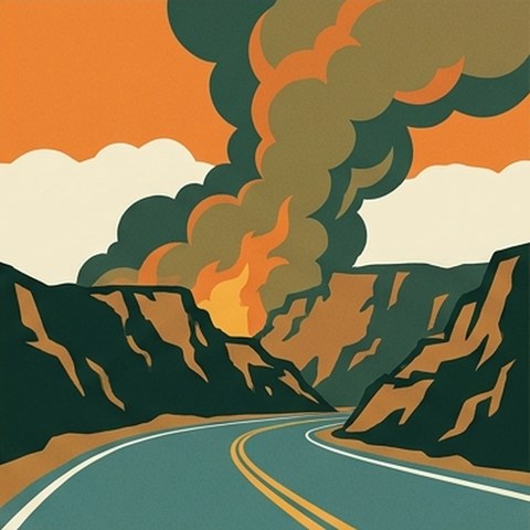 Illustration of wildfire smoke rising above the canyon