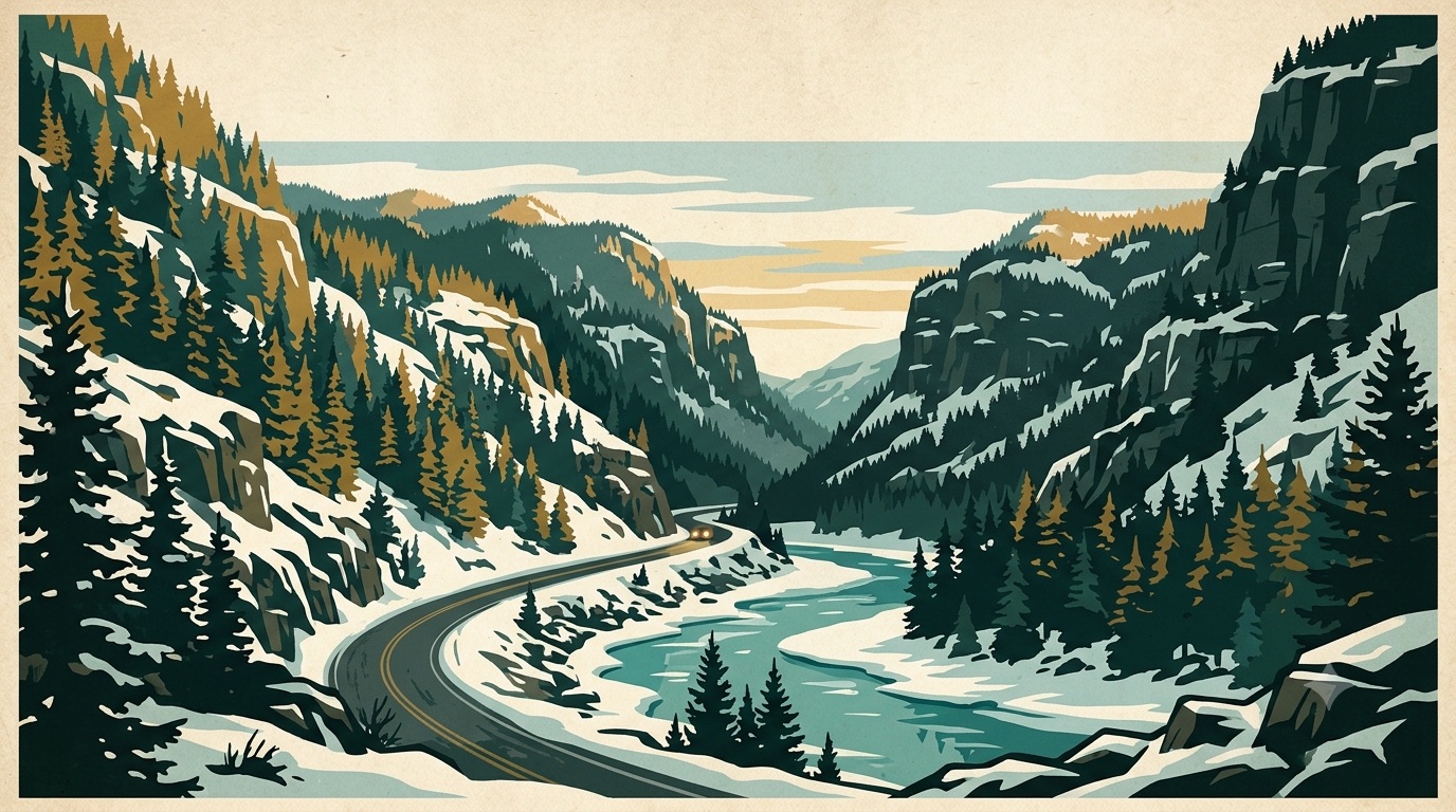 WPA-style illustration of the Gallatin Canyon in winter: US-191 curving beside the river between snowy canyon walls