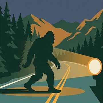 A shaggy sasquatch silhouette stepping out of the pines at the edge of the canyon highway