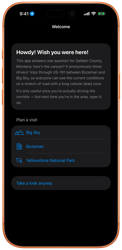 Welcome screen shown to visitors who open the app before they've actually arrived in the area