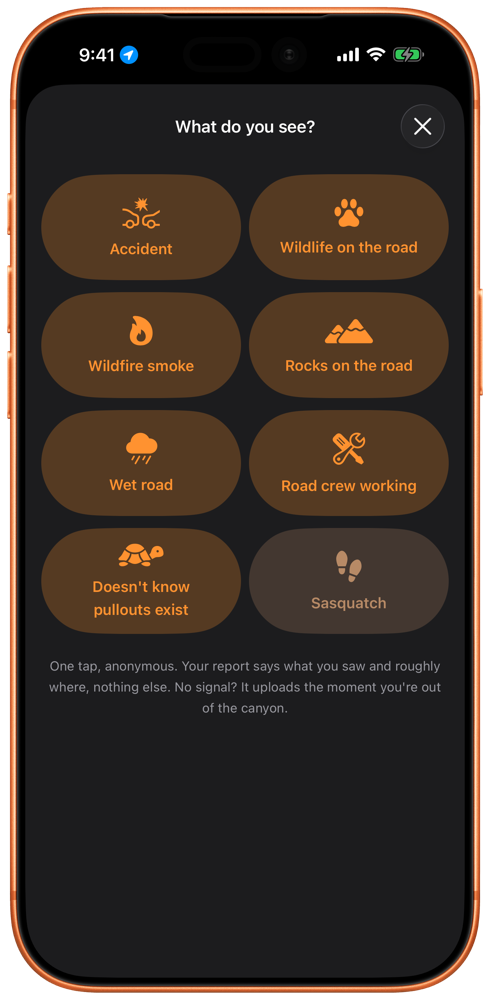One-tap hazard report sheet with icons for accident, wildlife, wildfire smoke, and more