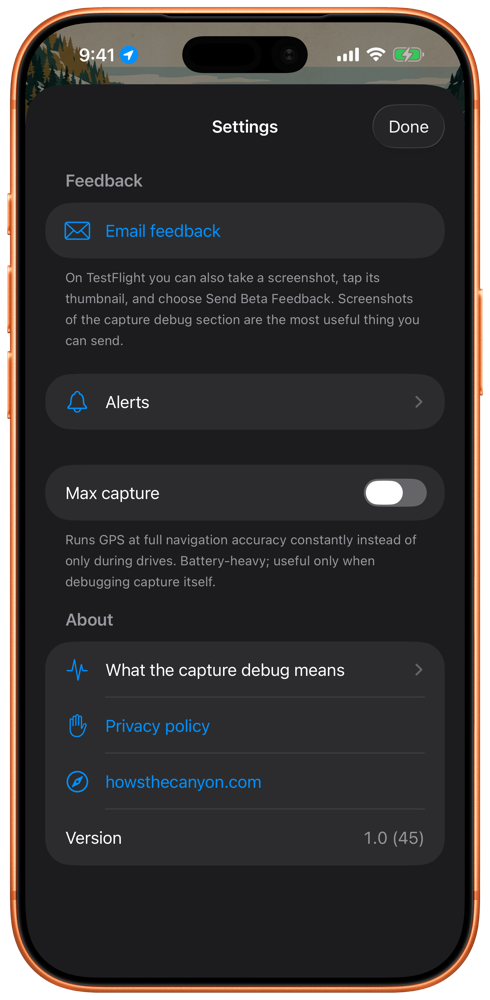 Settings screen with feedback, alerts, and privacy links